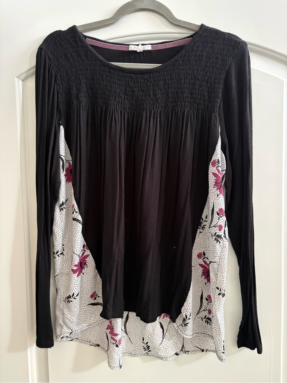 Maurices Black Long Sleeve Top with White & Pink Floral Panels